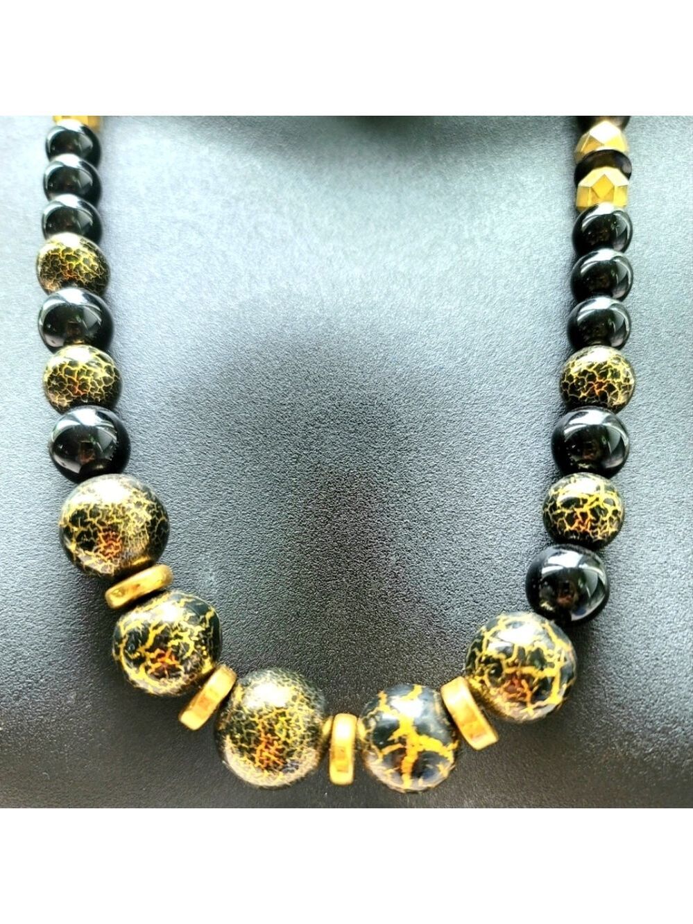 Vintage Gold Lace Black Agate Bead Graduated Round Necklace 24 inch